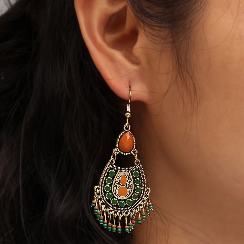 Teardrop Chandelier Earrings with Orange Stones and Green Beaded Fringe