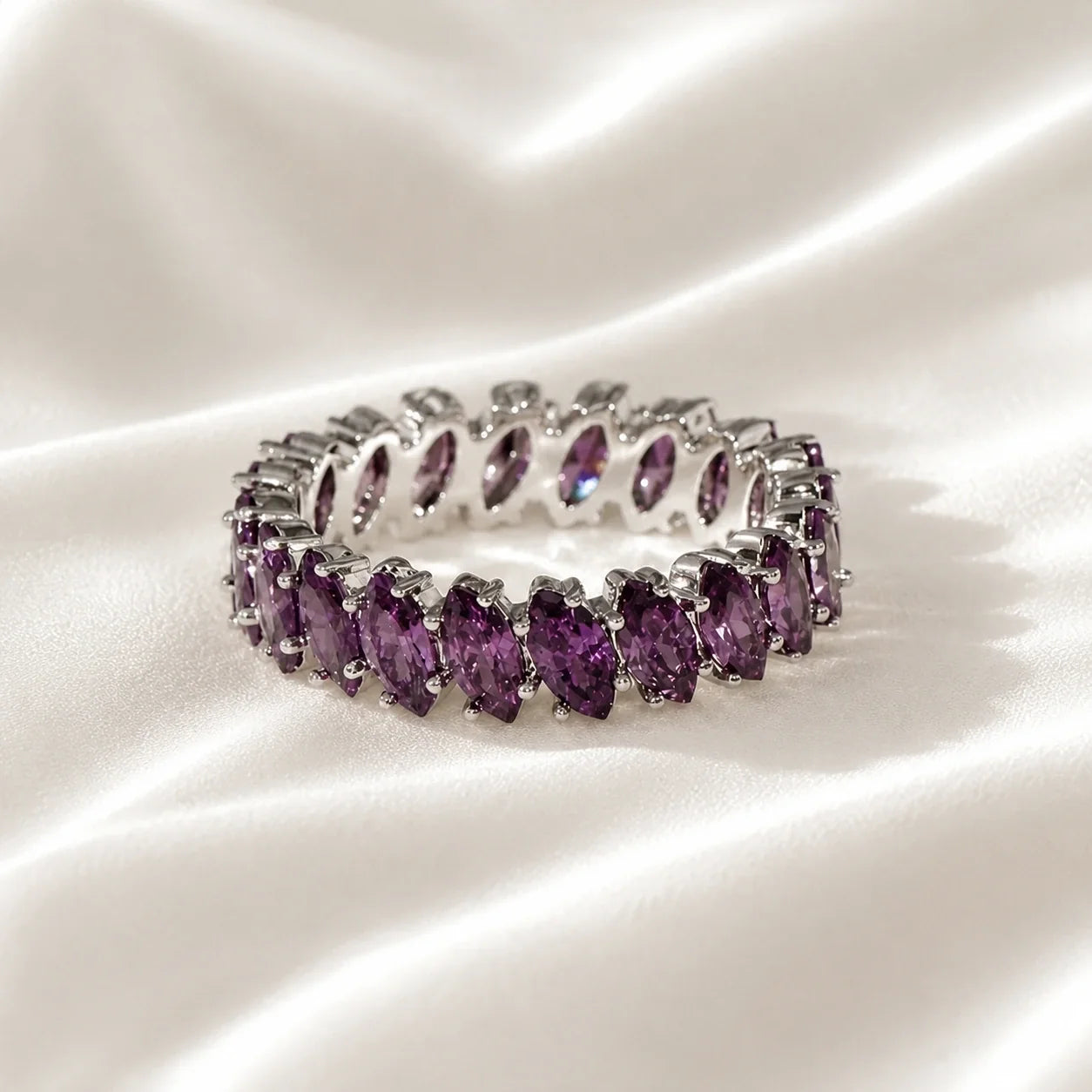 Marquise Amethyst Eternity Band Ring with Silver-Tone Setting