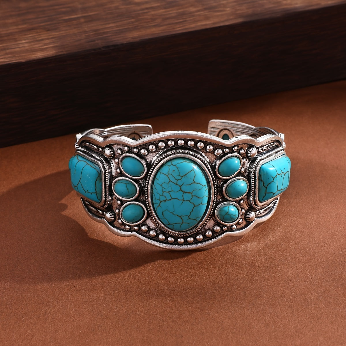 Oval Turquoise Cuff Bracelet with Beaded Silver-Tone Border