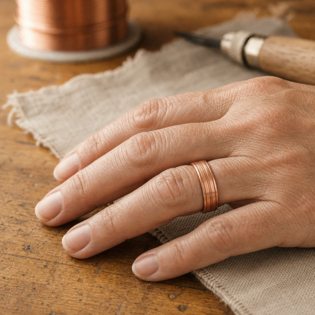 Cuff Ring Rose Copper Tone Pure Copper Adjustable Ridged Band — Hand-Shaped Copper Ring — view 2