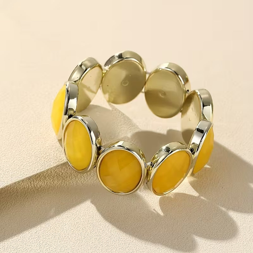 Round Amber Cabochon Stretch Bracelet with Silver-Tone Bezels — main image