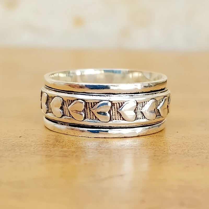 Heart Pattern Spinner Ring, Oxidized Silver-Tone Stainless Steel