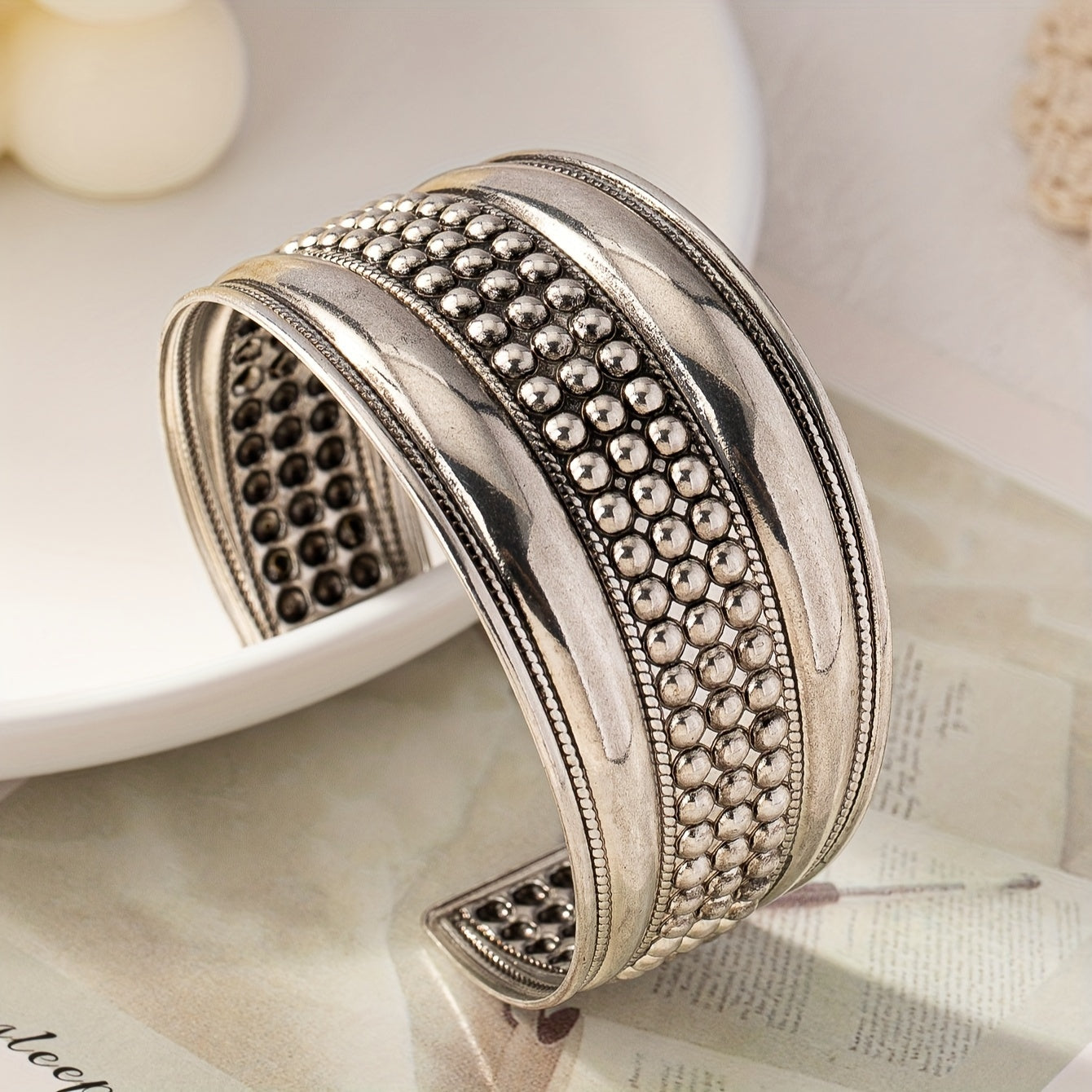 Wide Beaded Bohemian Open Cuff Bracelet in Silver Tone