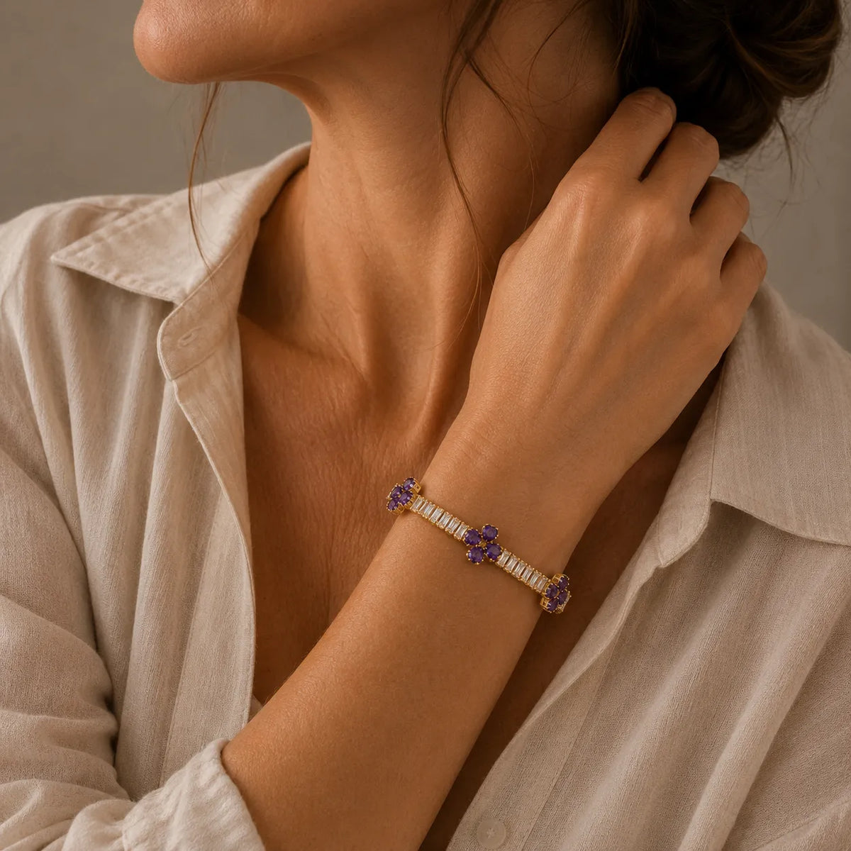Clover Amethyst Cluster Bracelet with Baguette Accents in Gold Tone