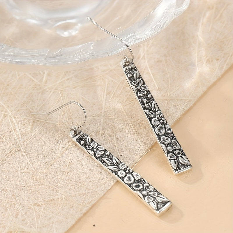 Floral Engraved Rectangular Drop Earrings, Vintage Boho Style
