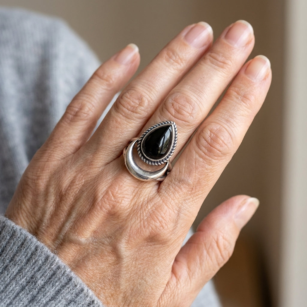 black tourmaline moon ring sterling silver asr9212 — lifestyle