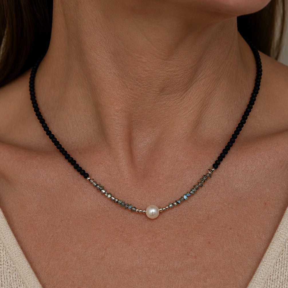 Black Beaded Necklace with Pearl Pendant and Gold-Tone Clasp — main image