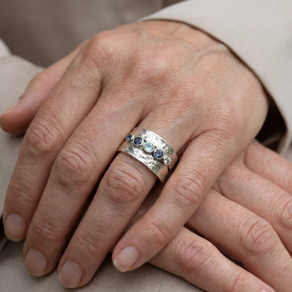 blue inlaid stones silvered ring 1 — lifestyle