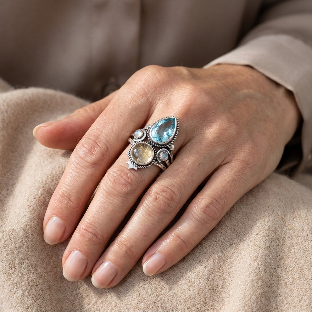 blue topaz and golden rutilated quartz celestial ring asr9688 — lifestyle