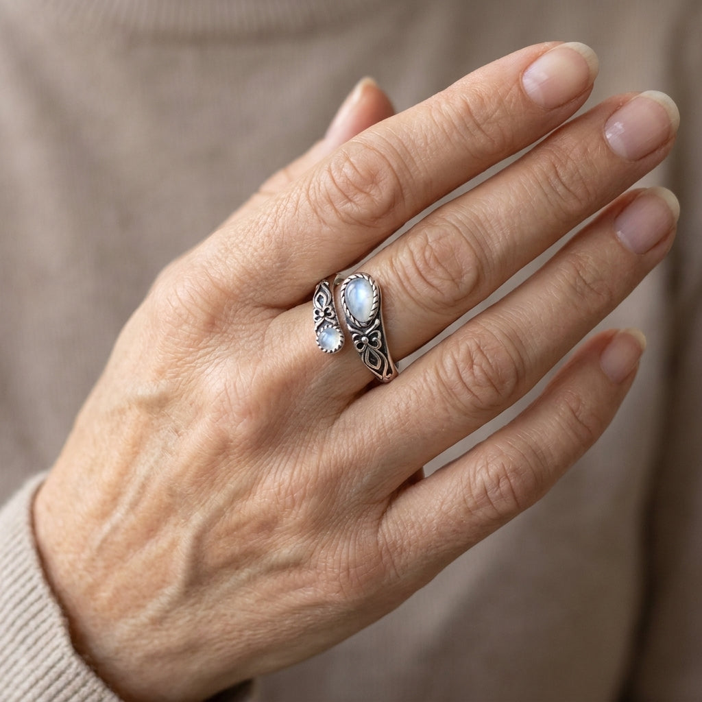 bohemian flower moonstone ring for women adjustable open ring with white copper vintage inspired design for daily wear special occasions vintage jewelry bohemian style moonstone accent — lifestyle