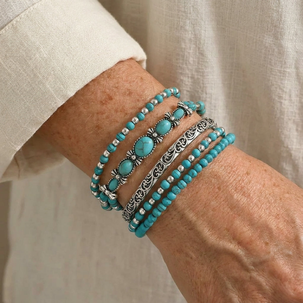 bohemian green turquoise beaded bracelet set — lifestyle