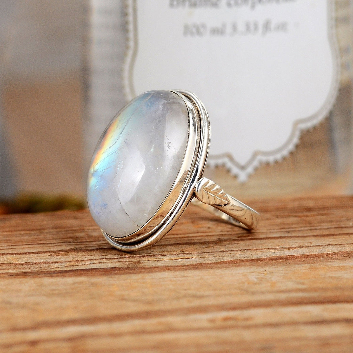 Oval Moonstone Statement Ring with Leaf Detail, Sterling Silver Band