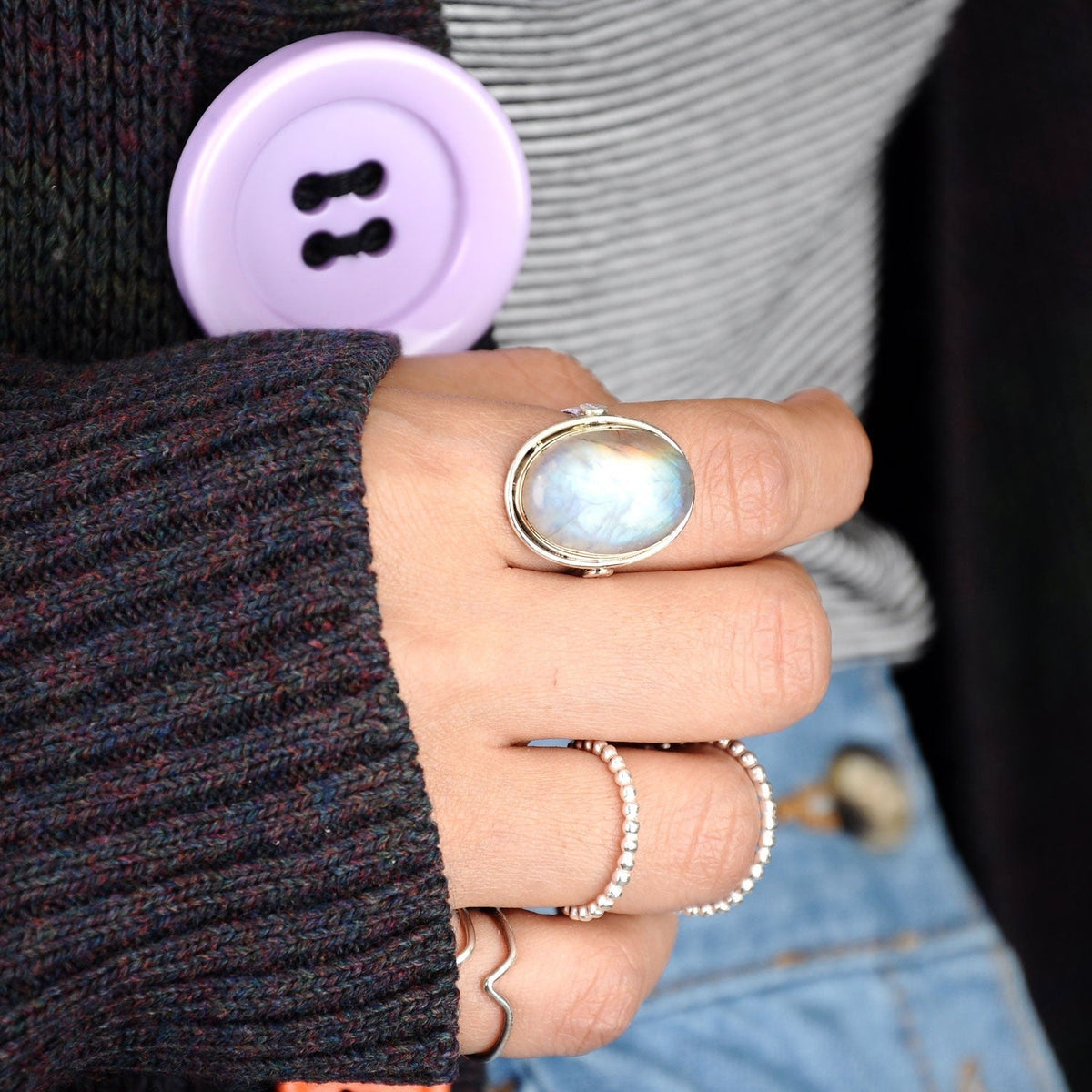 Oval Moonstone Statement Ring with Leaf Detail, Sterling Silver Band