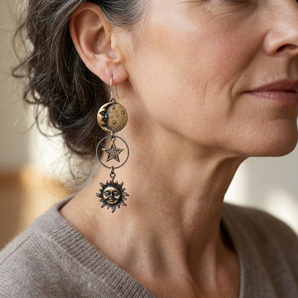 boho chic sun and moon asymmetrical dangle earrings for women vintage alloy jewelry with intricate celestial design perfect for casual attire or everyday jewelry vintage aesthetic alloy construction — lifestyle