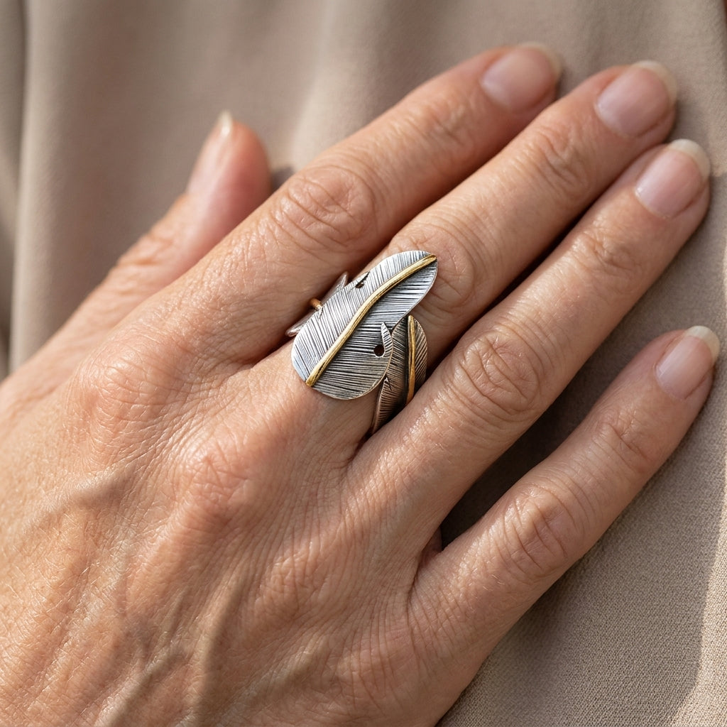 boho feather silver ring spr162 — lifestyle