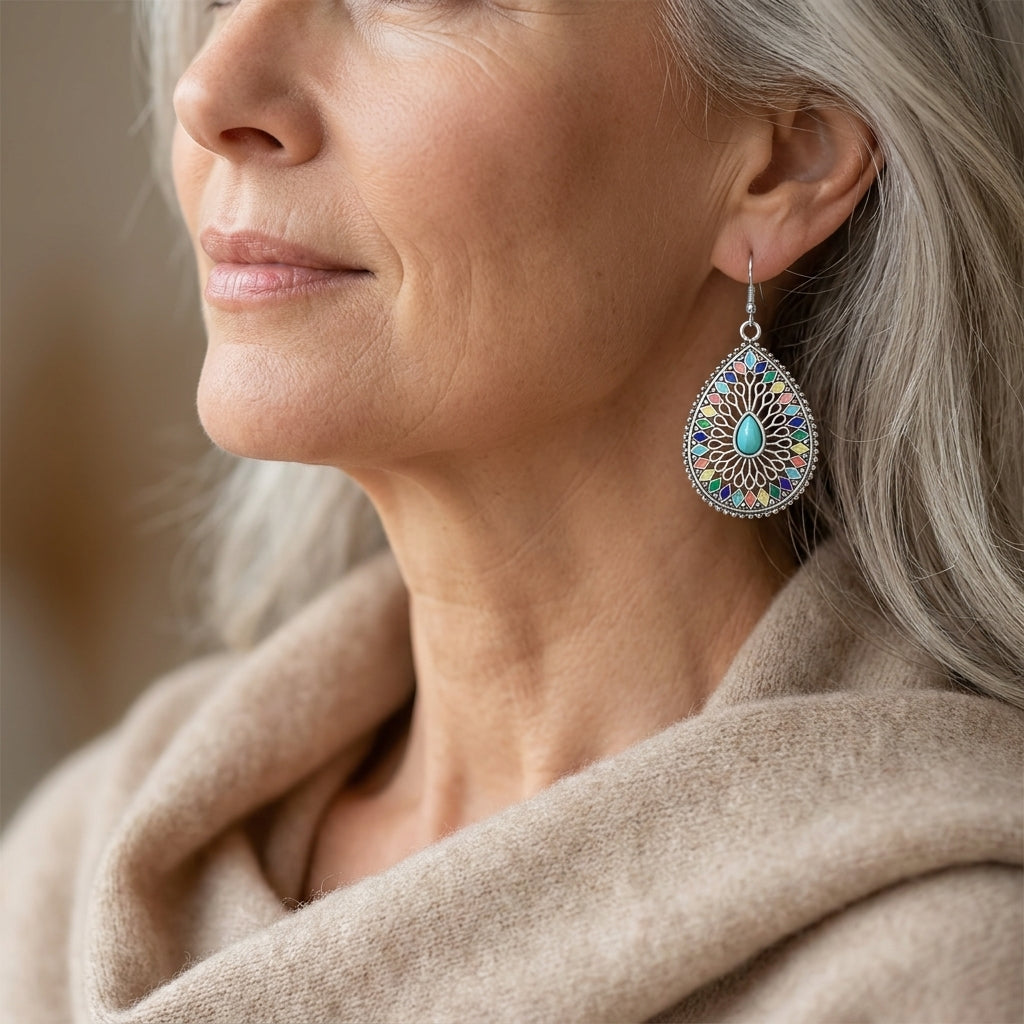 boho vacation style ladies earrings multi colored hollow drop design with vintage elements zinc alloy and iron plated white k — lifestyle