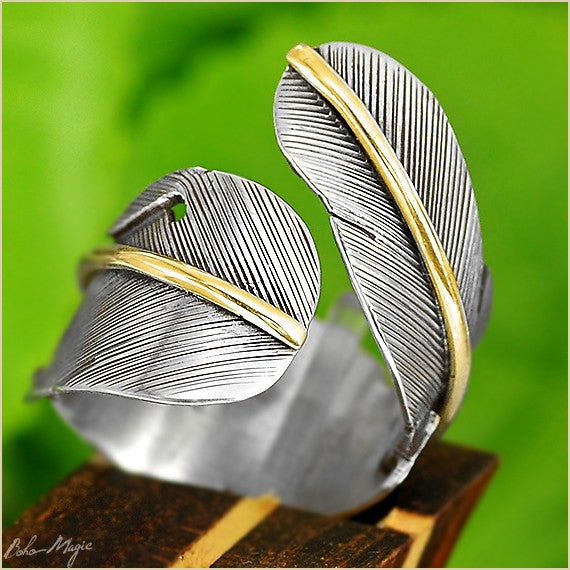 Dual Feather Ring in Sterling Silver 925 with Gold-Tone Accents, Adjustable Size 5.5-8