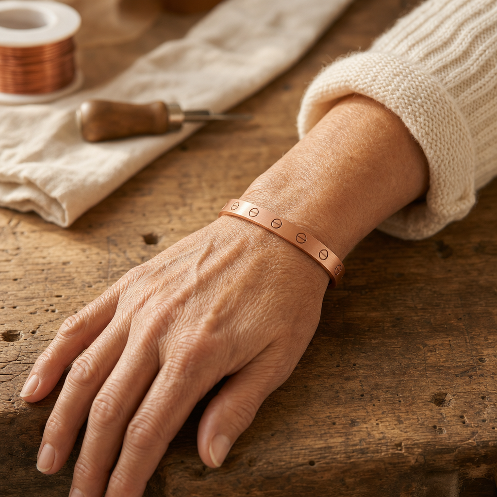 Copper Cuff Bracelet with 99.9% Pure Copper and Embossed Dot Pattern — Handcrafted Adjustable Open Design — view 2