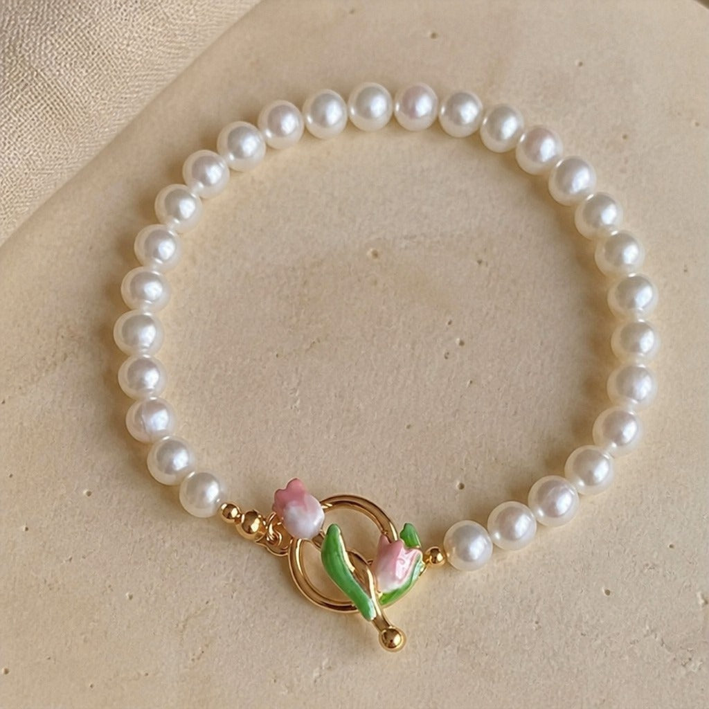 Tulip Charm Pearl Bead Bracelet with Gold-Tone Toggle Clasp — view 2