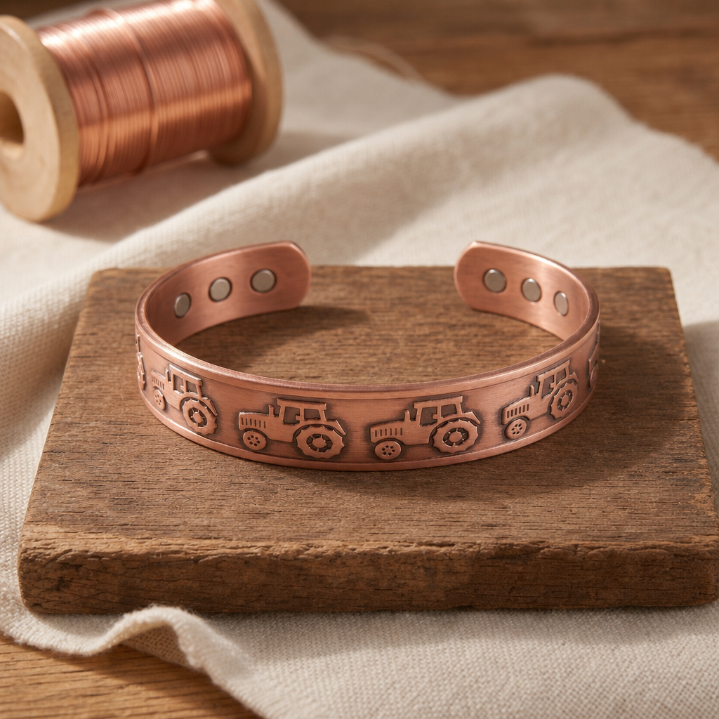 Copper Cuff Bracelet with Tractor Design and Magnetic Therapy Dots, Adjustable — main image