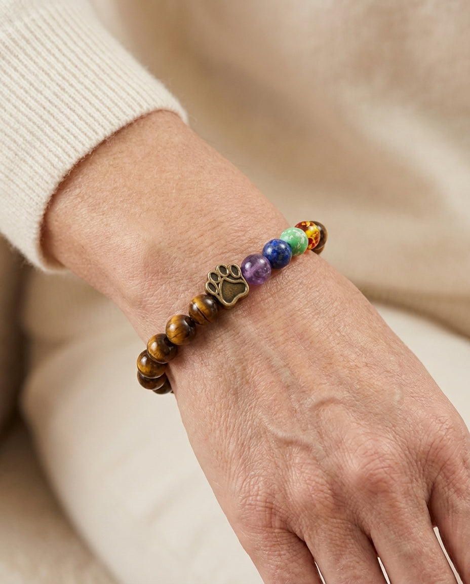 Estelle & Ruby Chakra Stone Beaded Bracelet with Paw Charm & Heart Spacer (AI-generated lifestyle image)