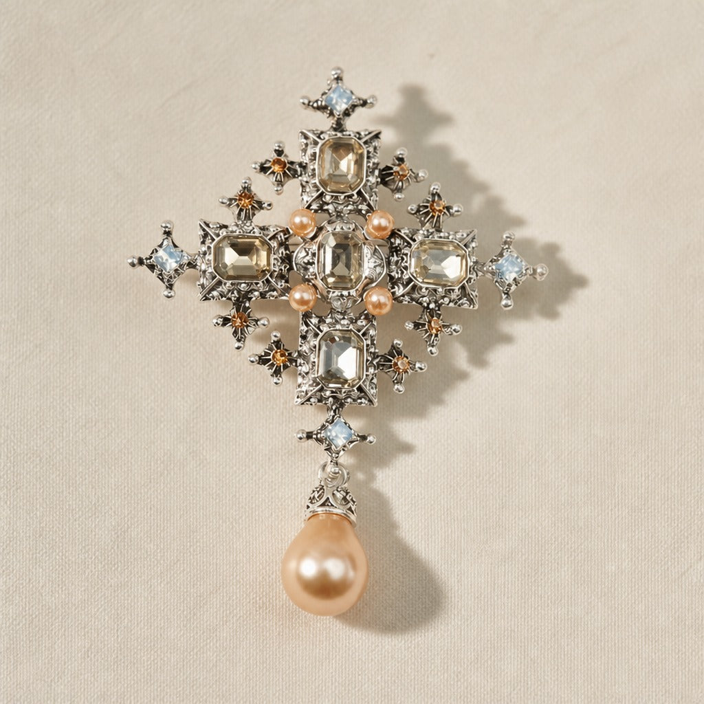Vintage Baroque Cross Brooch with Faux Pearl Drop and Rhinestone Accents — view 2
