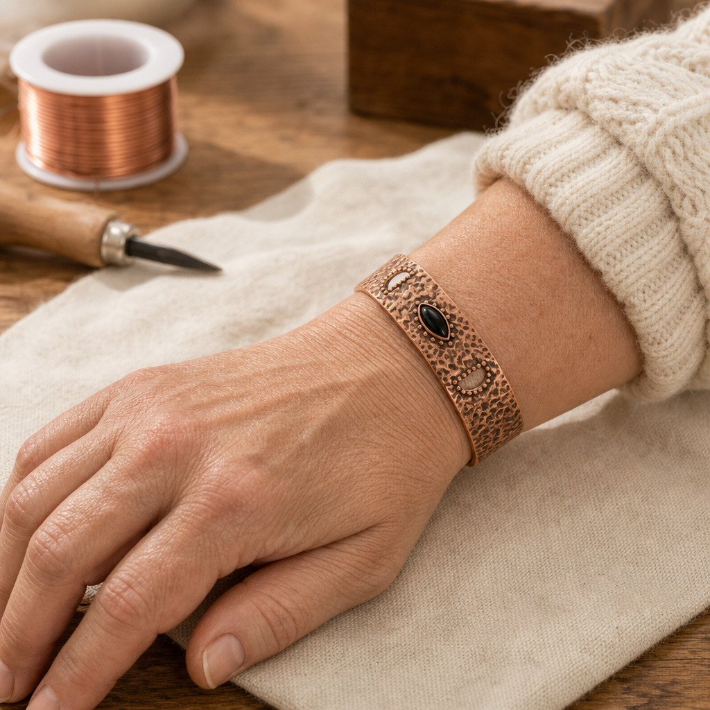 Hammered Copper Cuff Bracelet with Moon Phase Cutouts and Black Onyx Cabochon, Adjustable Open Bangle — view 2