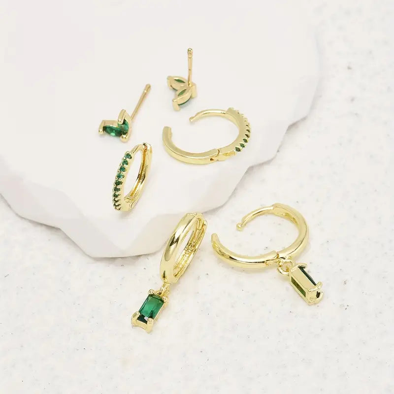 Emerald-Toned Gold Earring Set with Studs, Drops & Pavé Hoops (6 Pieces)