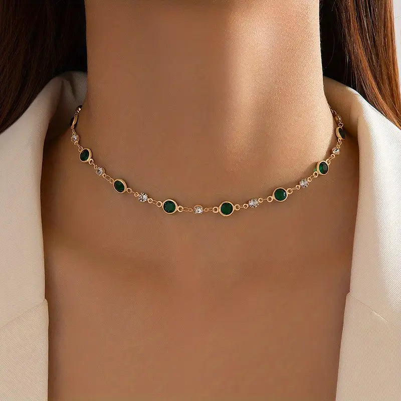 Emerald and Crystal Station Necklace with Gold-Tone Chain