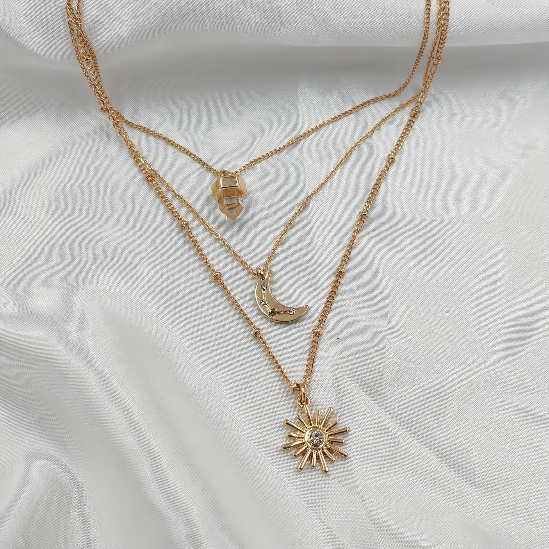 Moon and Sun Layered Necklace with Crystal Point Charm in Gold Tone