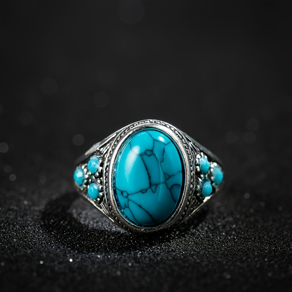 Oval Turquoise Statement Ring with Ornate Silver-Tone Filigree Detail