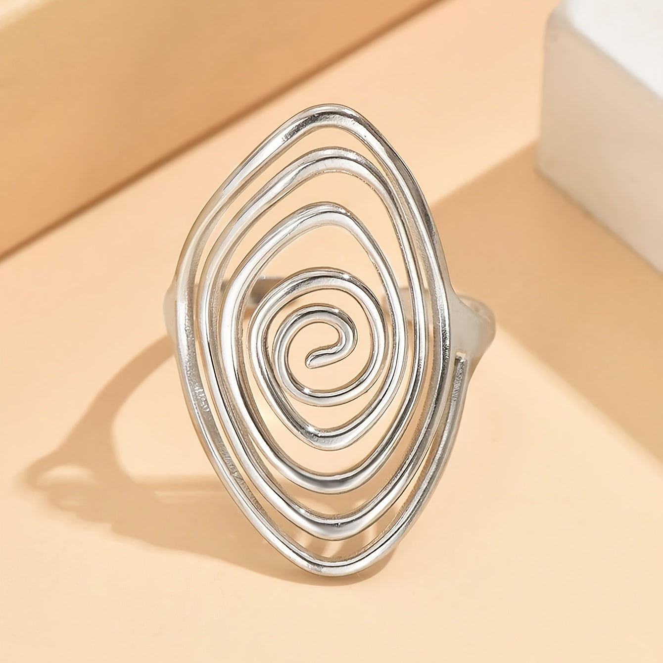 Hollow Spiral Statement Ring, Open Oval Design, Stainless Steel with Gold or Silver Finish