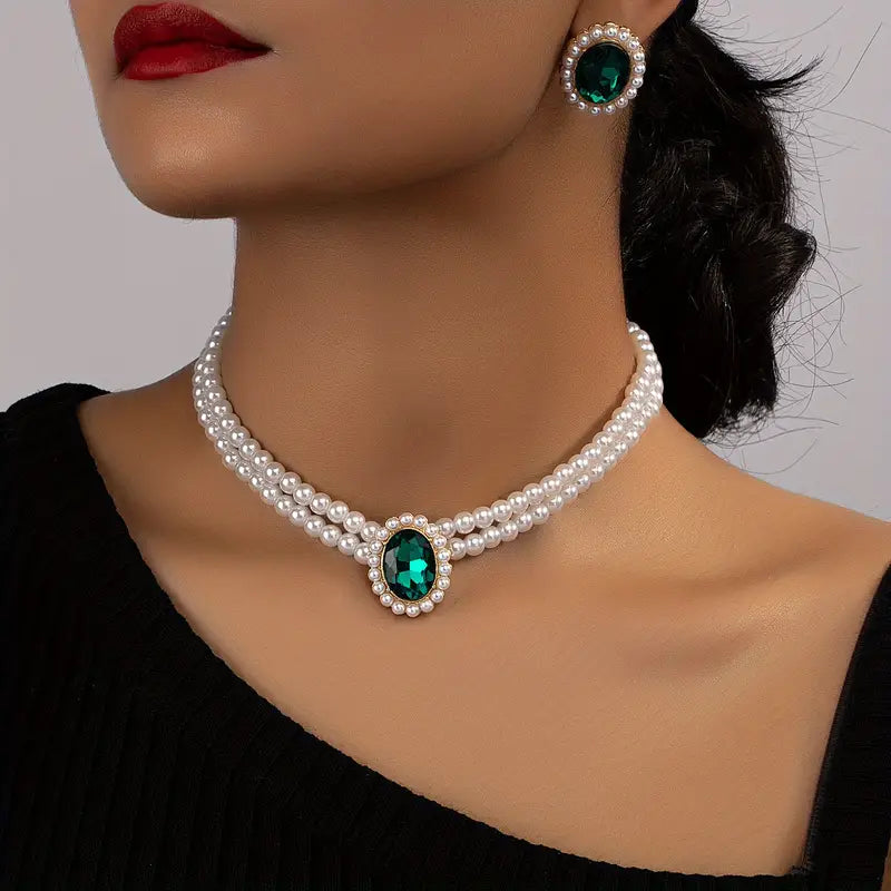 Emerald and Pearl Jewelry Set with Double-Strand Necklace and Earrings
