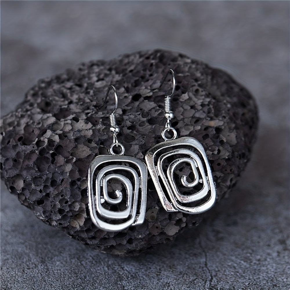 Spiral Rectangular Pendant Drop Earrings in Silver Tone