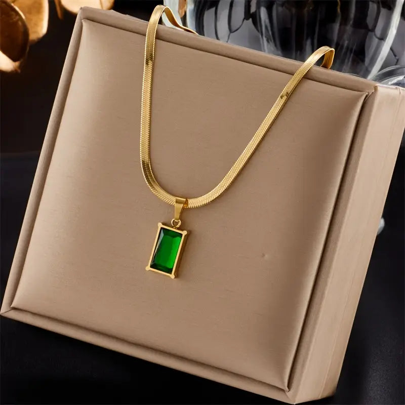 Emerald-Green Rectangular Stone Jewelry Set with Snake Chain Necklace & Hoop Earrings — view 4