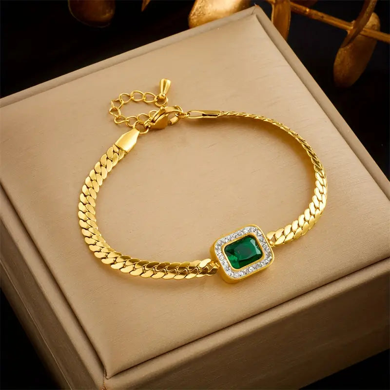 Square Emerald Pendant Bracelet with Crystal Halo, Gold-Tone Curb Chain — view 3