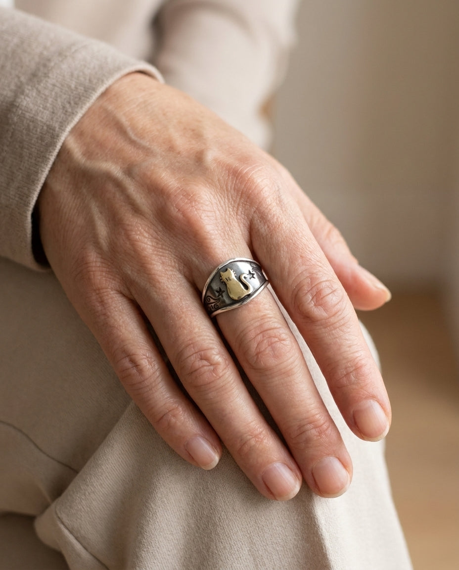 Estelle & Ruby Cat Ring, Two-Tone Silver & Gold-Tone Alloy, Adjustable Open Band Statement Ring (AI-generated lifestyle image)