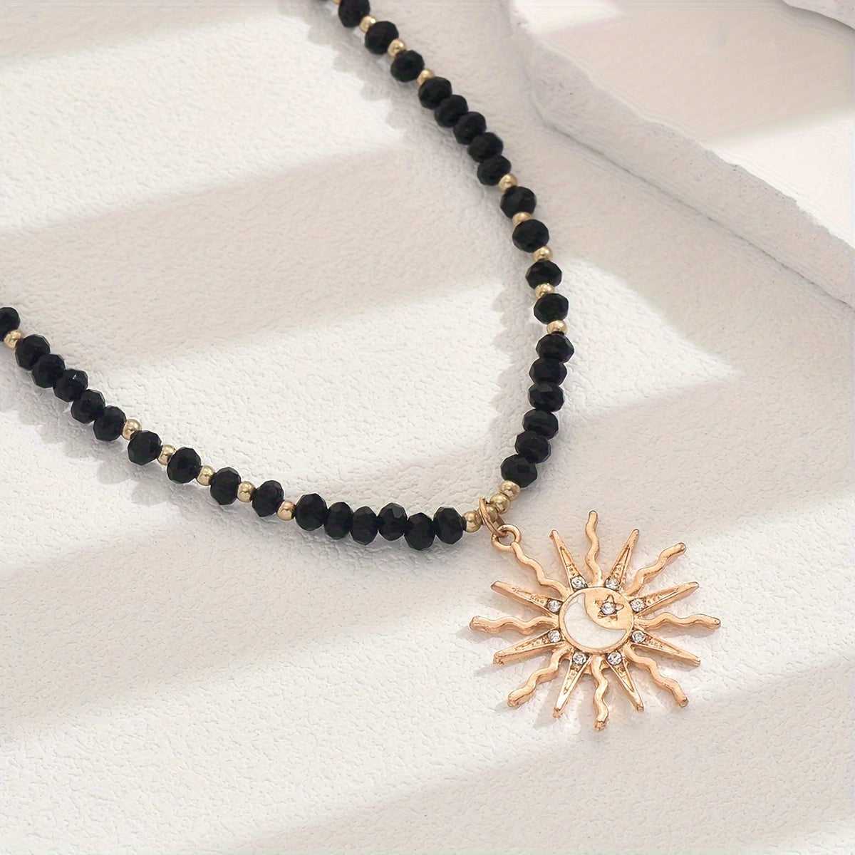 Sunburst Pendant Beaded Glass Choker Necklace with Gold-Tone Accents