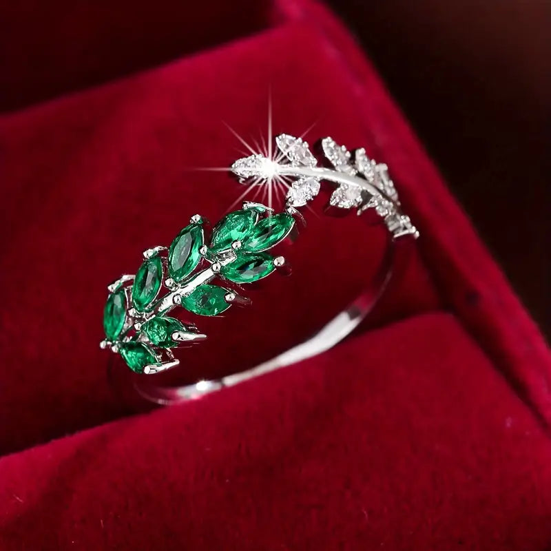 Leaf Motif Emerald and Sapphire Cluster Ring with Open Band