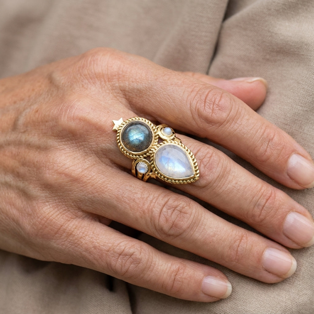 celestial moonstone and labradorite ring gold plated ago9277 — lifestyle