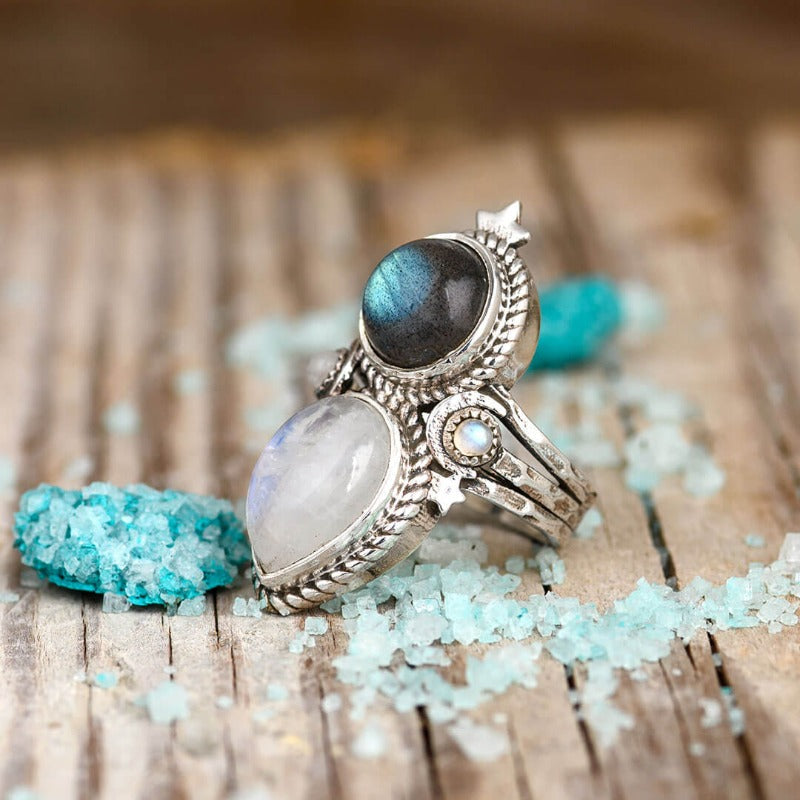 Celestial Star Moonstone Labradorite Ring with Textured Silver Band