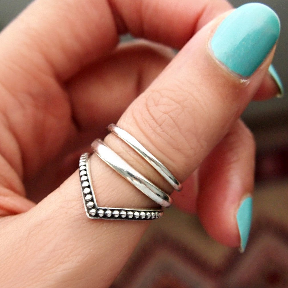 Beaded Chevron Ring Set, 3 Stackable Sterling Silver Rings with Oxidized Finish