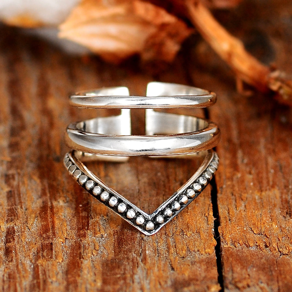 Beaded Chevron Ring Set, 3 Stackable Sterling Silver Rings with Oxidized Finish