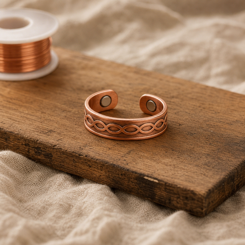 Copper Cuff Ring with Interlocking Oval Cutout Design — Adjustable Open Band — main image