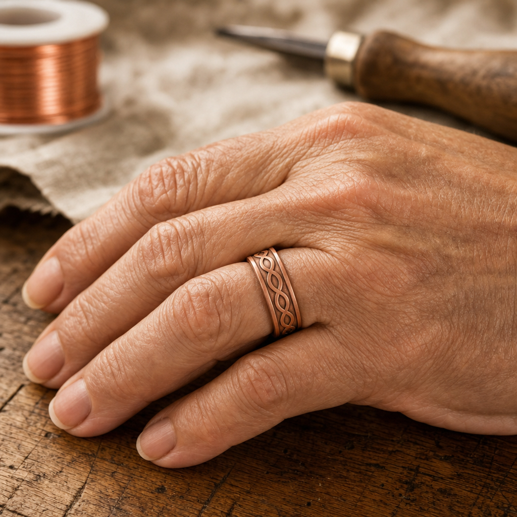Copper Cuff Ring with Interlocking Oval Cutout Design — Adjustable Open Band — view 2