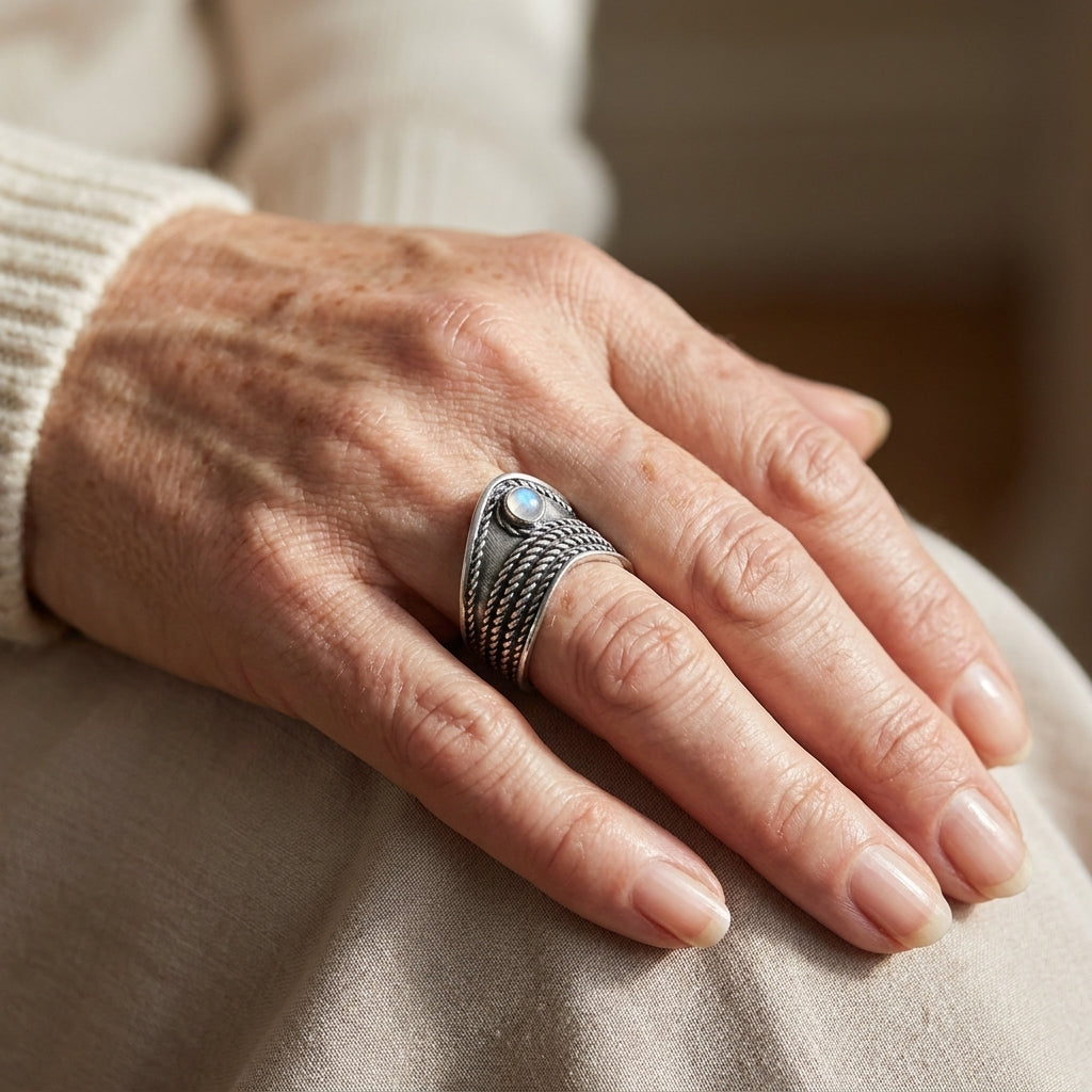 chevron thumb ring with moonstone sterling silver asr8845 — lifestyle