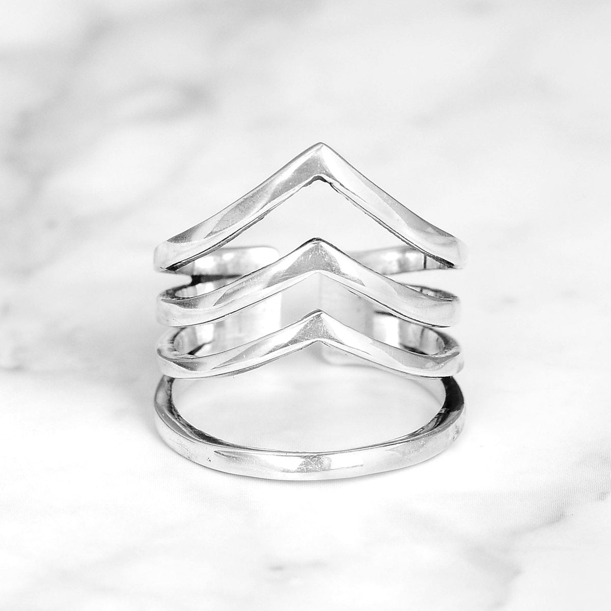 Triple Chevron Sterling Silver Ring – Geometric Statement Band, Sizes 6-11