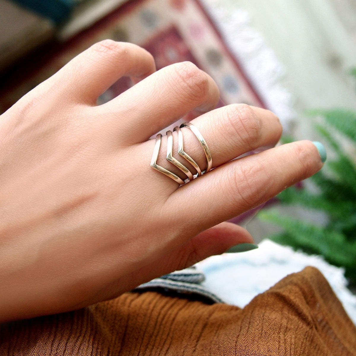 Triple Chevron Sterling Silver Ring – Geometric Statement Band, Sizes 6-11