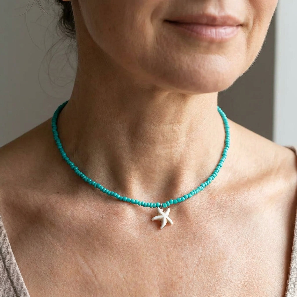 chic bohemian turquoise starfish necklace — lifestyle