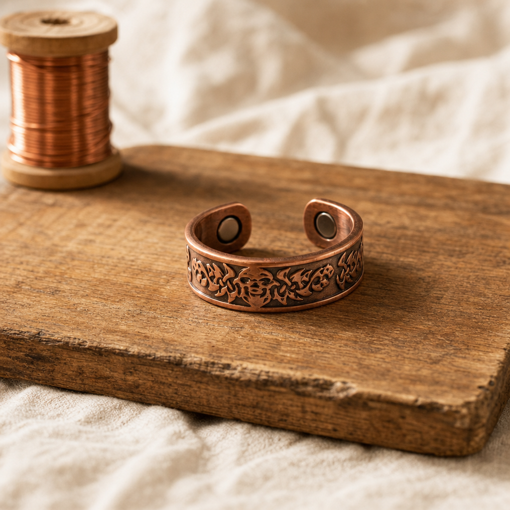 Copper Cuff Bracelet with Filigree Pattern, Magnetic Closure — Hand-Shaped Pure Copper Design — main image